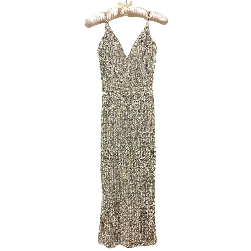 Mac Duggal Drop Beaded Column Gown Sz 2 Champagne Silver Sequin Gatsby Formal